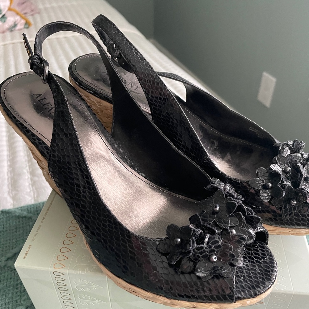 Alfani Black Slingback Wedge Sandals with floral accents